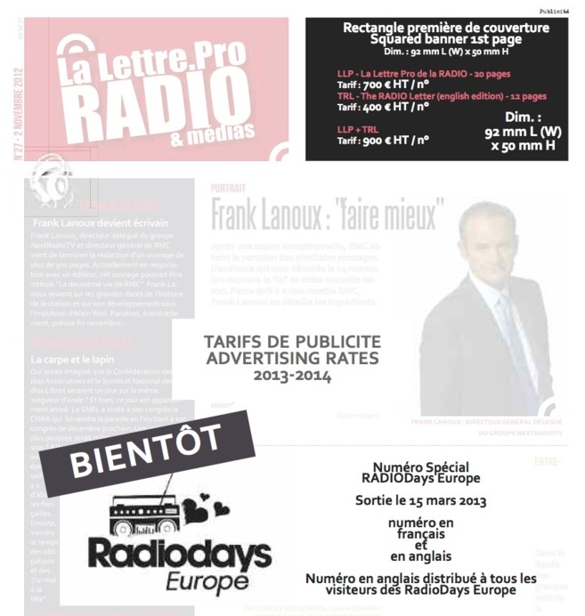 Annoncez dans la prochaine La Lettre Pro de la Radio spécial RadioDays Europe
