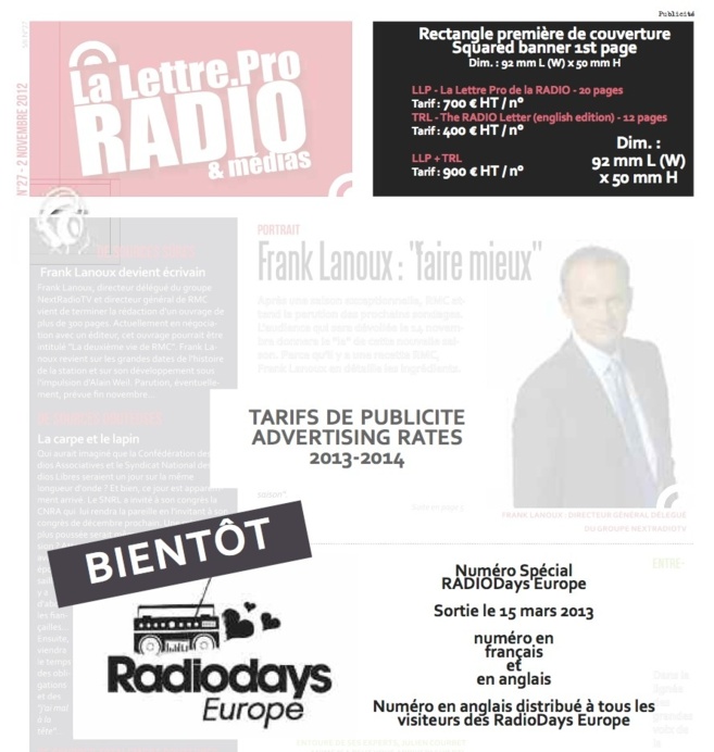 Annoncez dans la prochaine La Lettre Pro de la Radio spécial RadioDays Europe Annoncez dans la prochaine La Lettre Pro de la Radio spécial RadioDays Europe