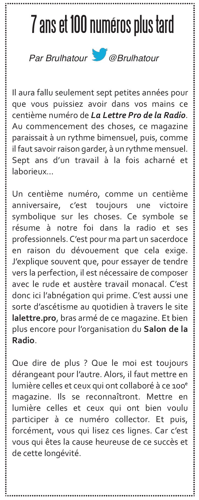 Mon édito du n° 100 Mon édito du n° 100