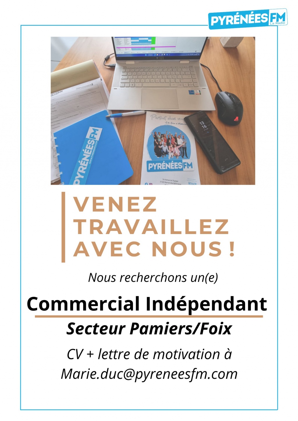 Pyrénées FM recrute un commercial indépendant - secteur Pamiers / Foix