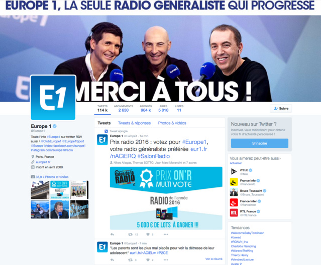 En 2016, Europe 1 a épinglé le tweet du Prix ON'R pour mobiliser encore plus les auditeurs En 2016, Europe 1 a épinglé le tweet du Prix ON'R pour mobiliser encore plus les auditeurs