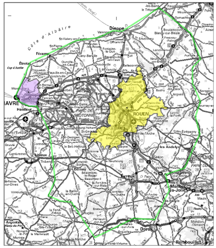 Contour des allotissements susceptibles d'être mis en appel (en vert contour de l’allotissement étendu de Rouen, en jaune allotissements locaux de Rouen et en mauve allotissement local du Havre)