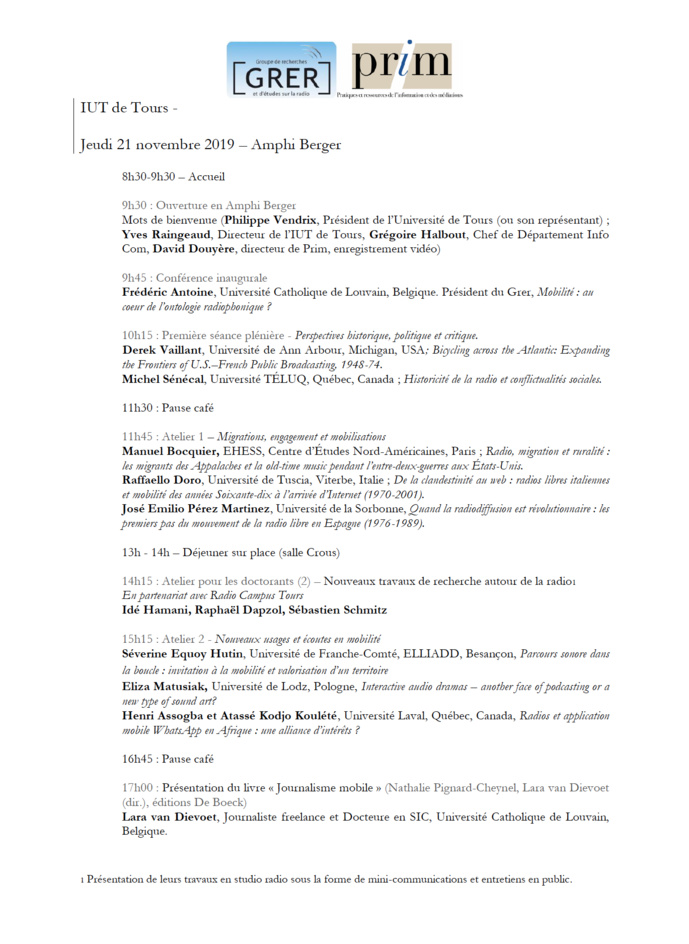 "Radio en mobilité" : le nouveau colloque du GRER "Radio en mobilité" : le nouveau colloque du GRER