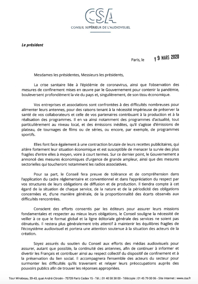 Le président du CSA écrit aux dirigeants de l'audiovisuel Le président du CSA écrit aux dirigeants de l'audiovisuel