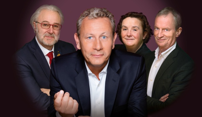 L'équipe de l'émission "In vino" : (de gauche à droite) Philippe Faure-Brac, Alain Marty, Hélène Piot et David Cobbold, chaque samedi et dimanche à 12h30 sur Sud Radio