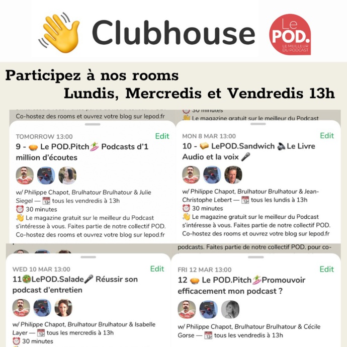 Podcast : nouveaux rendez-vous sur ClubHouse avec LePOD. Podcast : nouveaux rendez-vous sur ClubHouse avec LePOD.