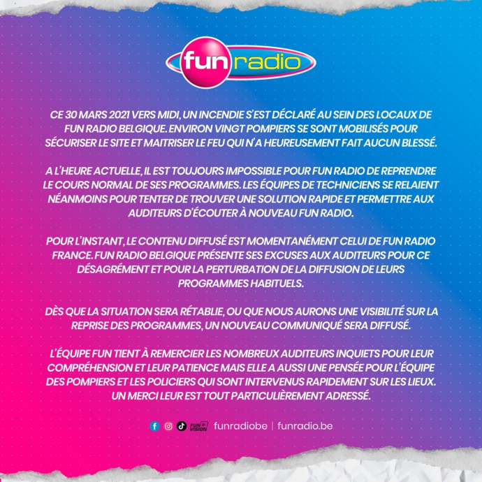 Incendie dans les locaux de Fun Radio Belgique Incendie dans les locaux de Fun Radio Belgique
