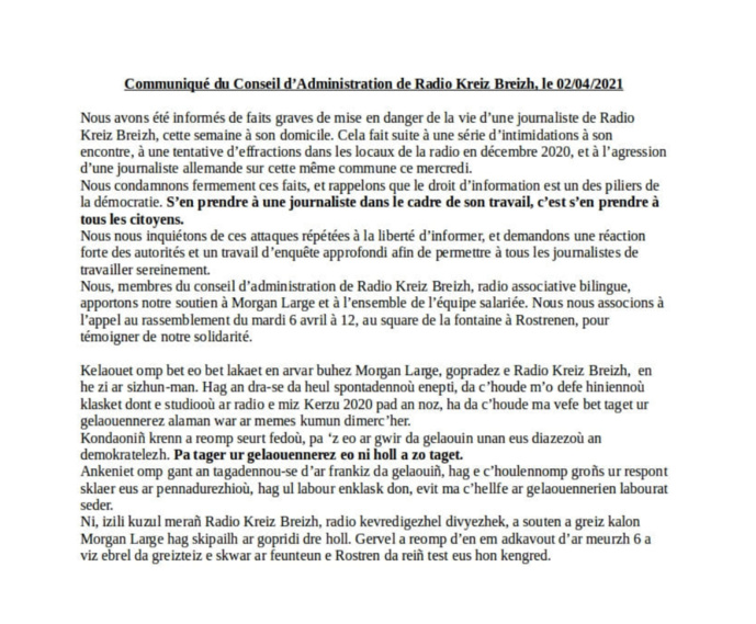 Radio Kreiz Breizh : une journaliste victime d’un acte de malveillance Radio Kreiz Breizh : une journaliste victime d’un acte de malveillance