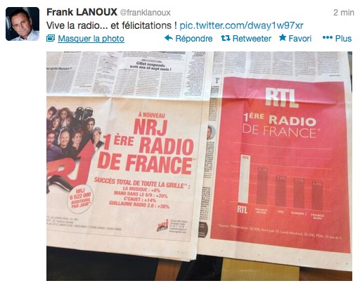RTL vs NRJ : le tweet de Frank Lanoux