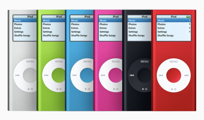 L'iPod nano (2e génération), introduit le 25 septembre 2006, offrait un design fin, un écran aux couleurs vives et jusqu'à 24 heures d'autonomie de la batterie, et stockait jusqu'à 2 000 chansons...