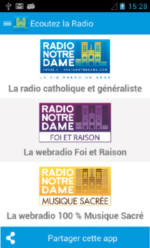 Radio Notre Dame dans une application Radio Notre Dame dans une application