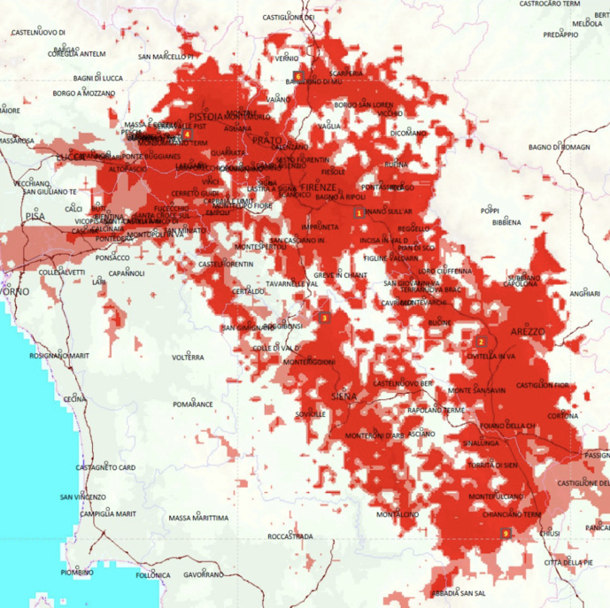 La couverture actuelle en DAB+ du mux Toscana DAB La couverture actuelle en DAB+ du mux Toscana DAB