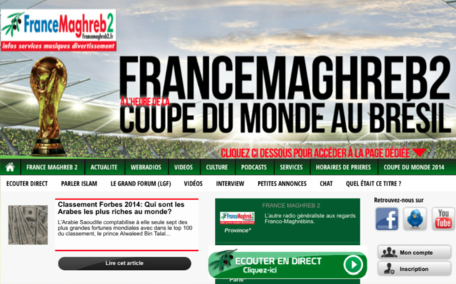 Pour ce Mondial, le site web de France Maghreb 2 a été habillé aux couleurs des Bleus et des Fennecs