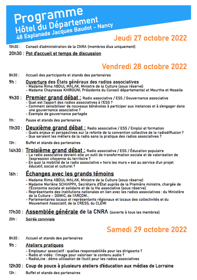 CNRA : des Etats Généraux du 27 au 29 octobre à Nancy CNRA : des Etats Généraux du 27 au 29 octobre à Nancy