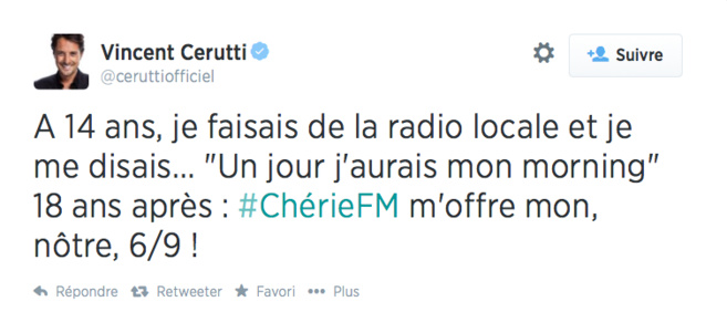 Vincent Cerutti confirmé sur Chérie FM