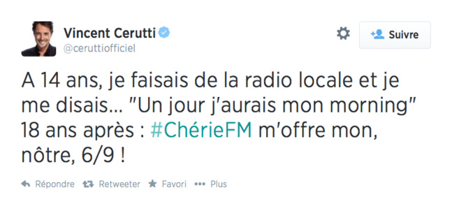 Vincent Cerutti confirmé sur Chérie FM Vincent Cerutti confirmé sur Chérie FM