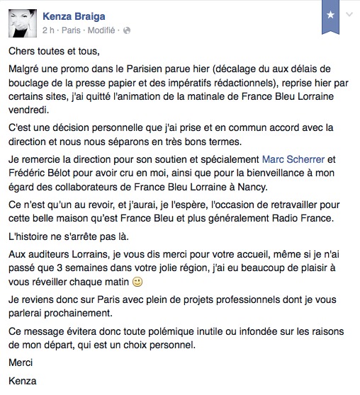 Kenza Braiga quitte, déjà, France Bleu