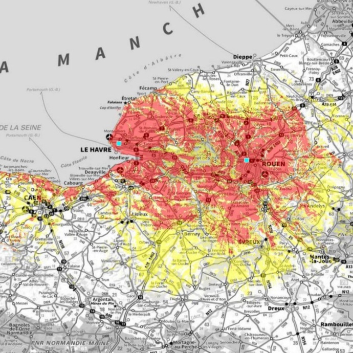 La couverture de France Bleu Normandie Seine-Maritime et Eure en DAB+ La couverture de France Bleu Normandie Seine-Maritime et Eure en DAB+