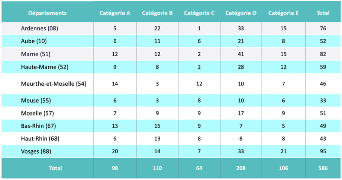 Le nombre de fréquences privées FM classées par département et par catégories dans le Grand Est. © Arcom Nancy.