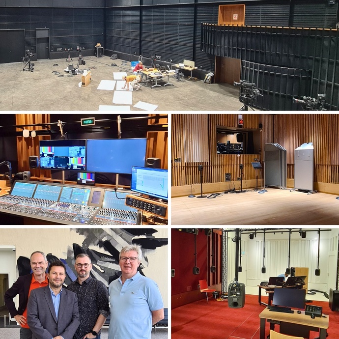 De gauche à droite : Romain Beignon, directeur de la diversification et des éditions, Bruno Laforestrie, directeur du développement et de Radio France Studios, Jonathan Serret, responsable d’équipement audiovisuel et de la régie de production du studio 101, Jean-Marc Claus, directeur de la production de Radio France Studios.