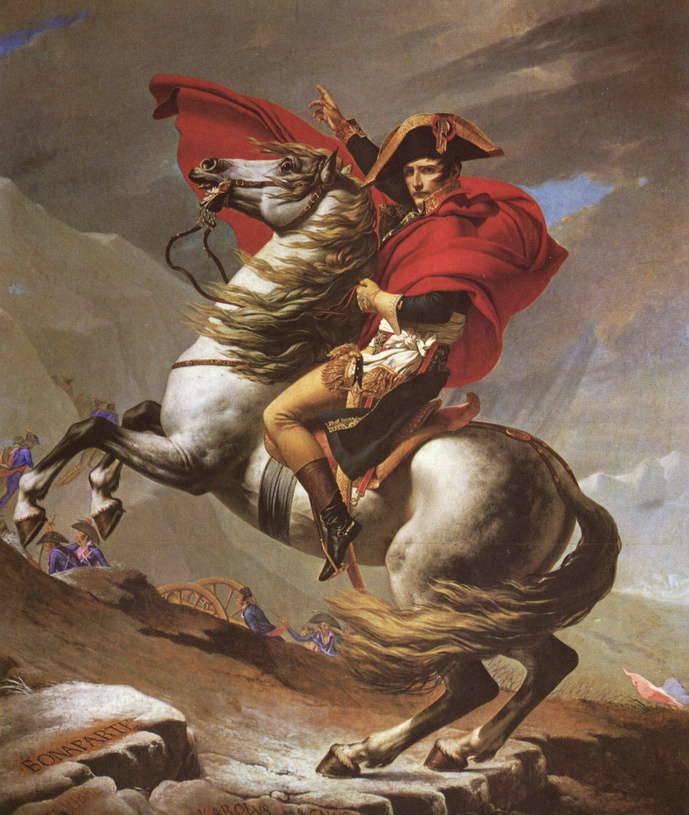 Napoléon franchissant les Alpes, Jacques-Louis David, 1800. Une œuvre majeure de l’iconographie impériale, conservée au Château de Malmaison. Source : Wiki Commons.