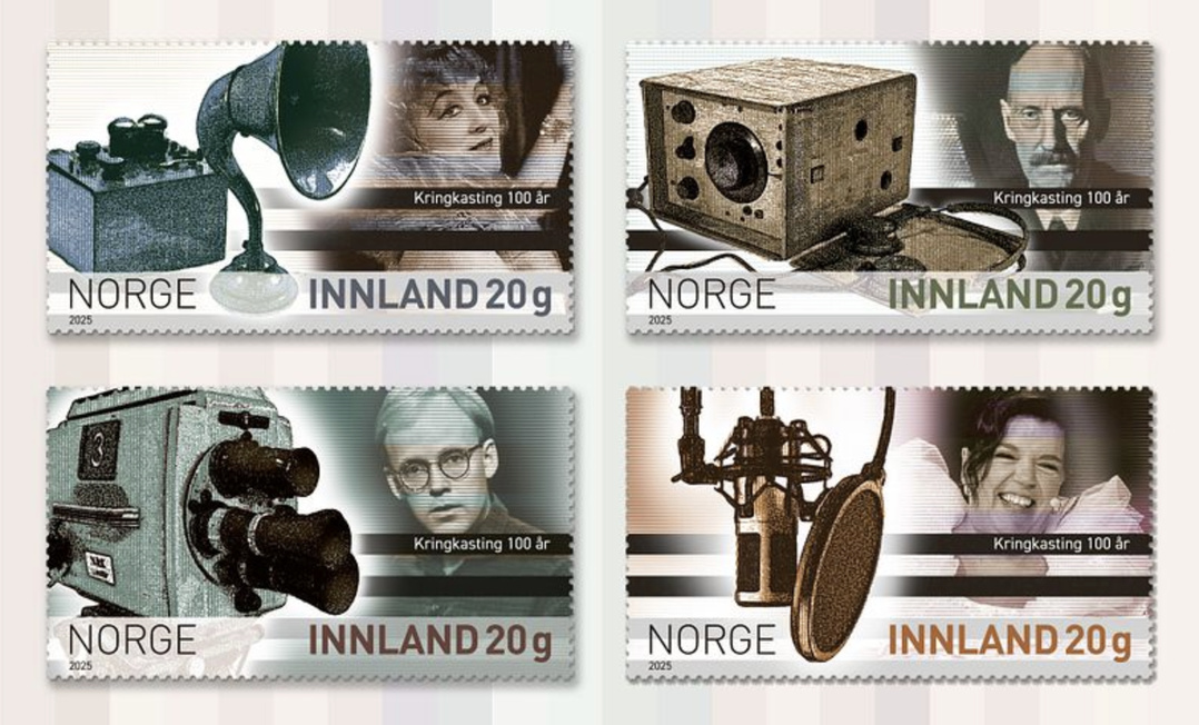 Les nouveaux timbres "Kringkasting 100 år" célèbrent un siècle de radio et de radiodiffusion à travers quatre figures emblématiques : Lalla Carlsen, le roi Haakon VII, Trond-Viggo Torgersen et Else Kåss Furuseth.