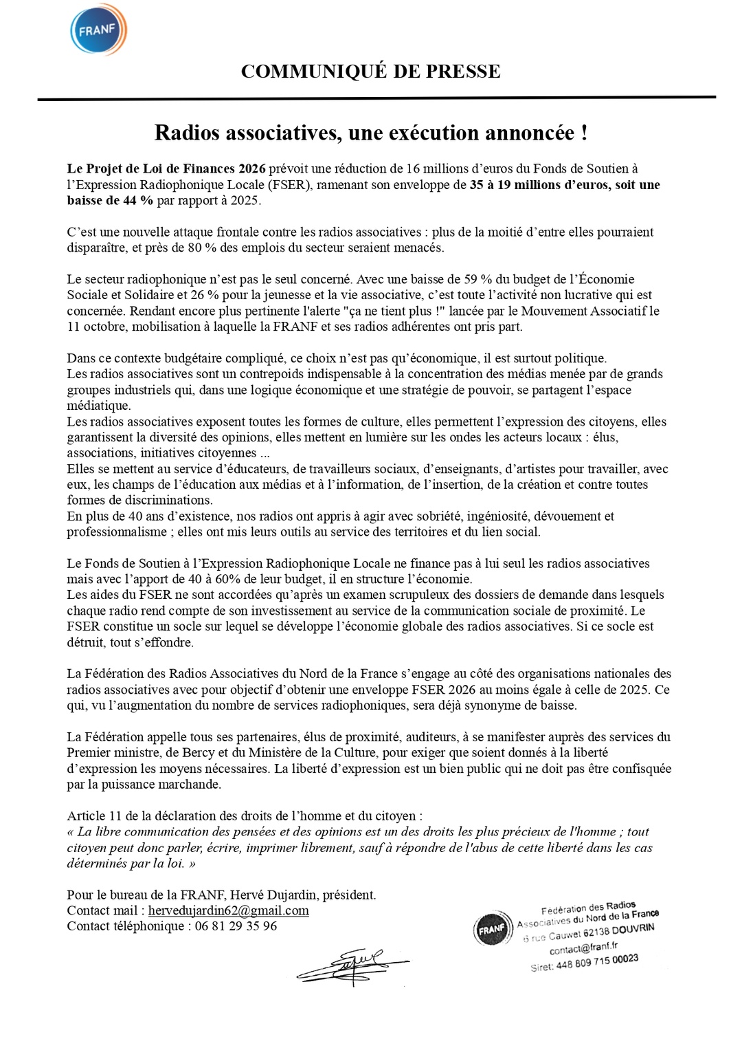 La FRANF dénonce une coupe budgétaire menaçant 80% des emplois du secteur