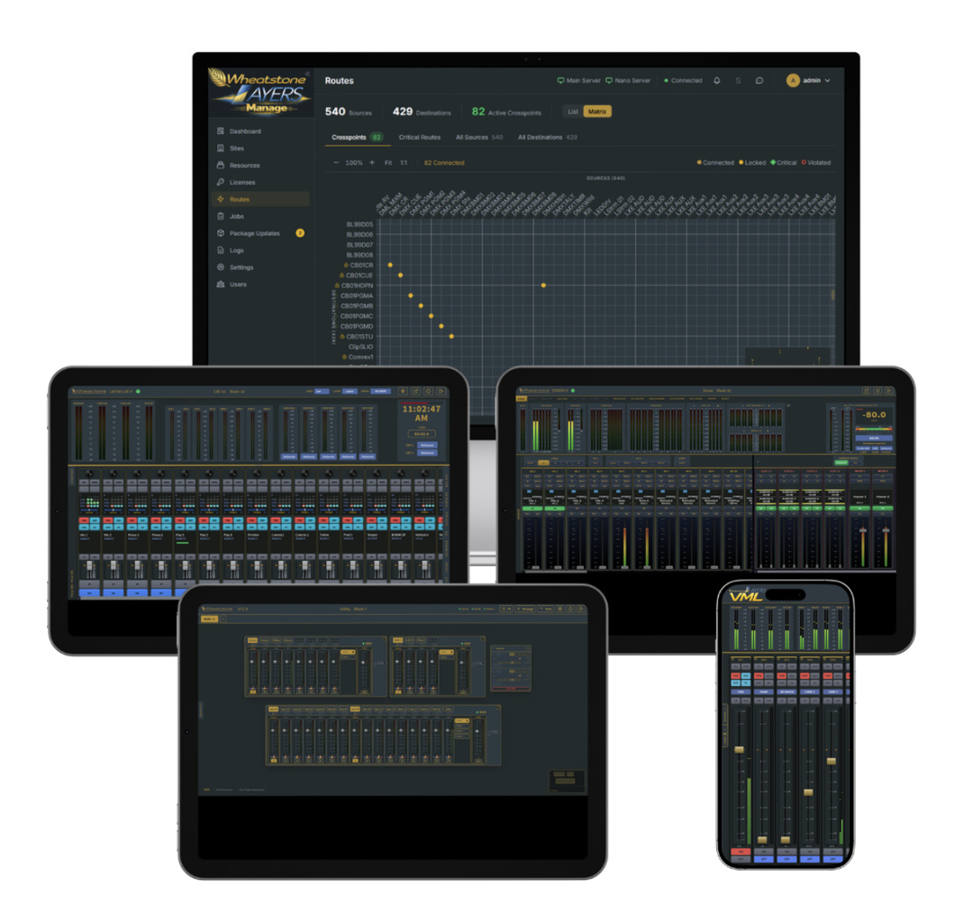 La plateforme VMX de Wheatstone permet de piloter des consoles de diffusion virtuelles depuis un navigateur web sur ordinateur, tablette ou smartphone. La solution sera présentée lors de l'IBC2026 comme une alternative logicielle aux consoles de mixage traditionnelles. Source : Wheatstone Corporation.
