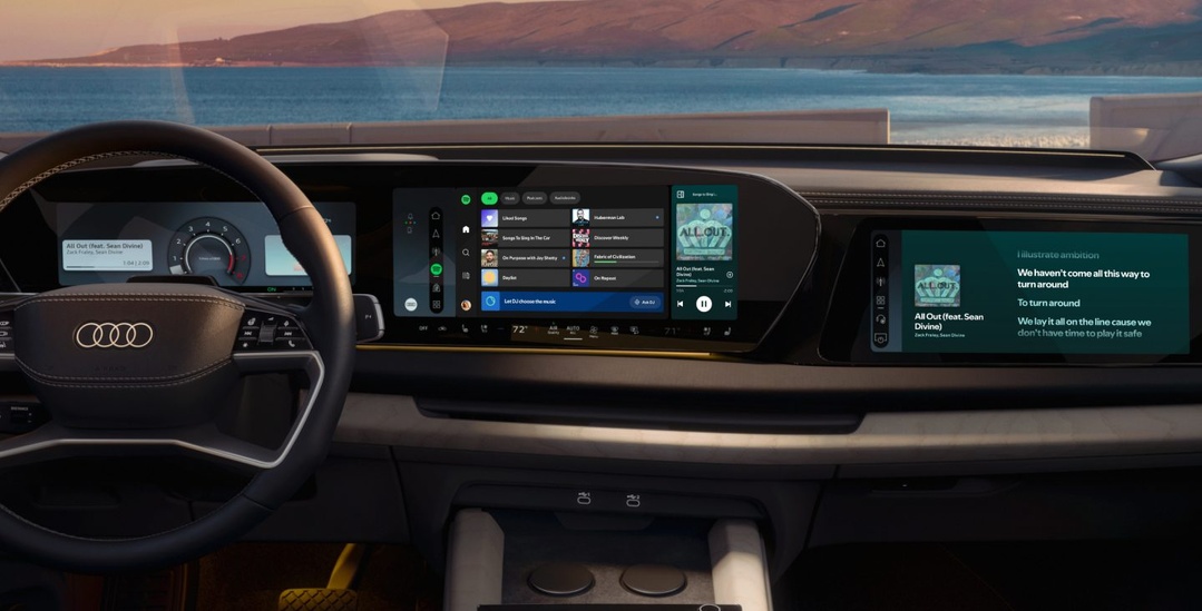 La nouvelle application native Spotify s'intègre directement au tableau de bord des véhicules Audi, avec accès à la musique, aux podcasts et aux commandes vocales sans smartphone connecté. Un écran secondaire permet aux passagers de consulter les paroles des chansons.  Source : Spotify