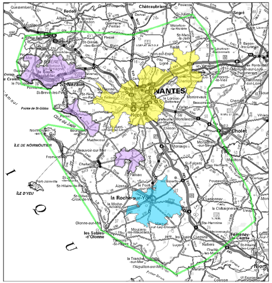 Contour des allotissements susceptibles d'être mis en appel (en vert, contour de l’allotissement étendu de Nantes, en jaune allotissements locaux de Nantes, en mauve allotissement local de Saint-Nazaire et en bleu allotissement local de La Roche-sur-Yon)
