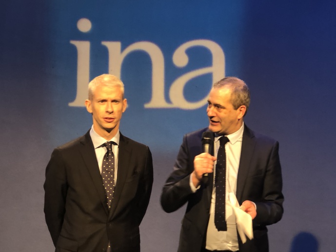 Franck Riester (ici avec le président de l'INA Laurent Vallet), dévoile la réforme. Photo FQ / La Lettre Pro de la Radio