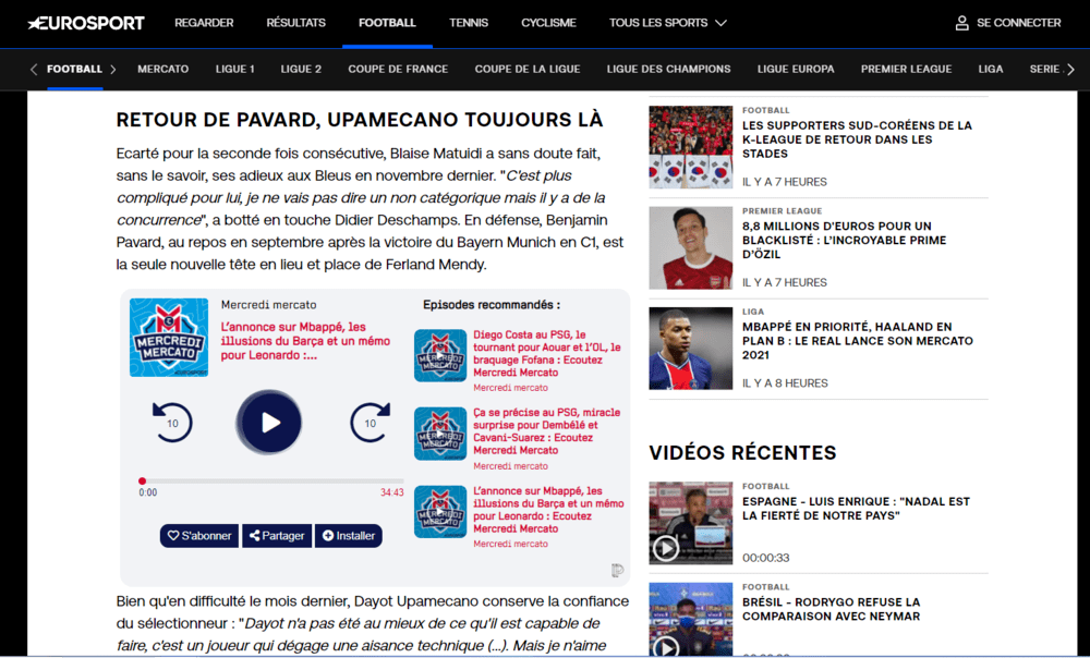 Podinstall installé en embed sur le site d'Eurosport (version : desktop)