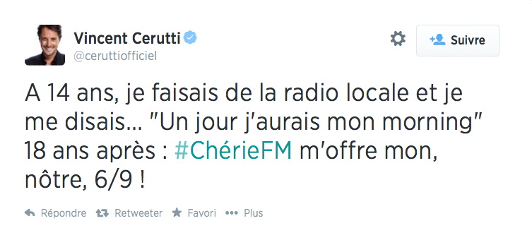 Vincent Cerutti confirmé sur Chérie FM