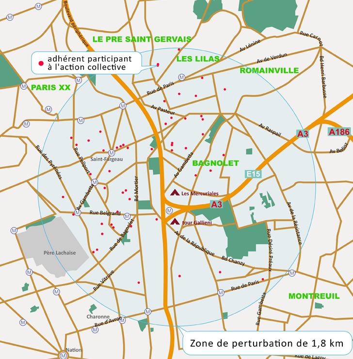 La carte de la zone des Sans Radio. On y voit aussi où sont situés les plaignants de l'action collective.