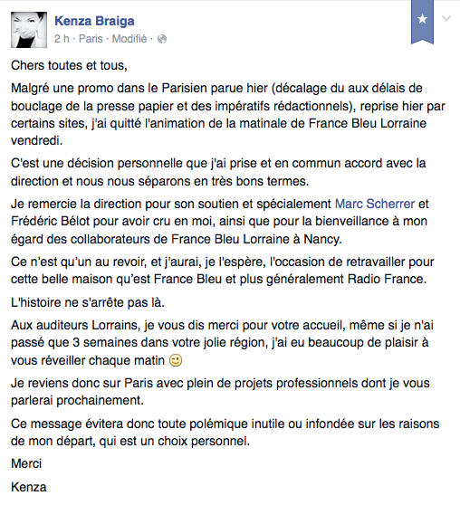 Kenza Braiga quitte, déjà, France Bleu