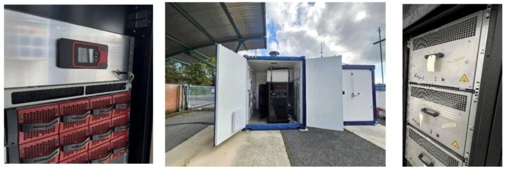 De gauche à droite : vue des onduleurs 400 V utilisés dans le système ; vue d’ensemble du système complet installé sur site ; gros plan sur les piles à hydrogène constituant le cœur de la solution énergétique.