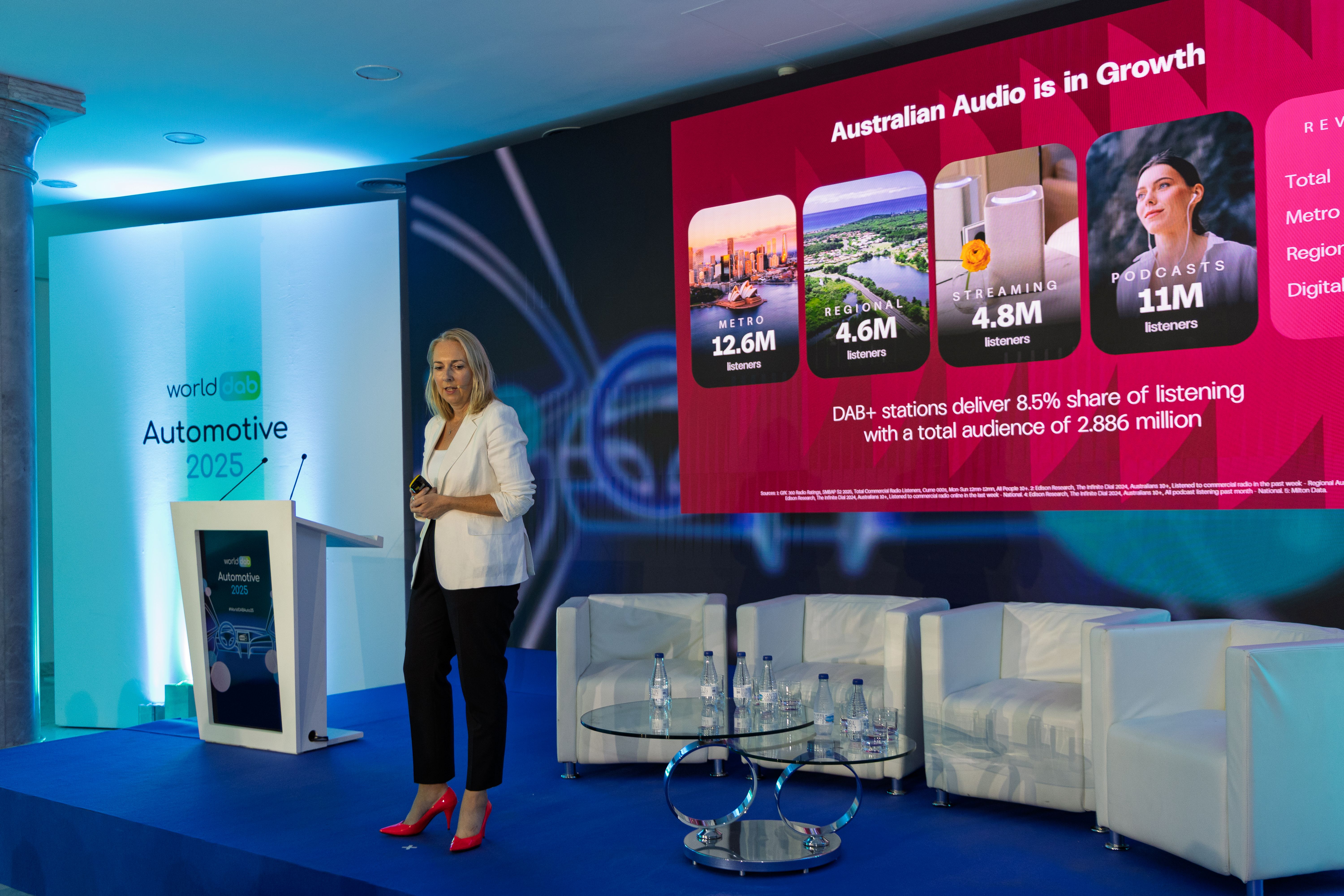 Lizzie Young de Commercial Radio and Audio a présenté les chiffres de l’audience audio australienne lors du WorldDAB Automotive 2025 à Madrid. Crédits photo : WorldDAB