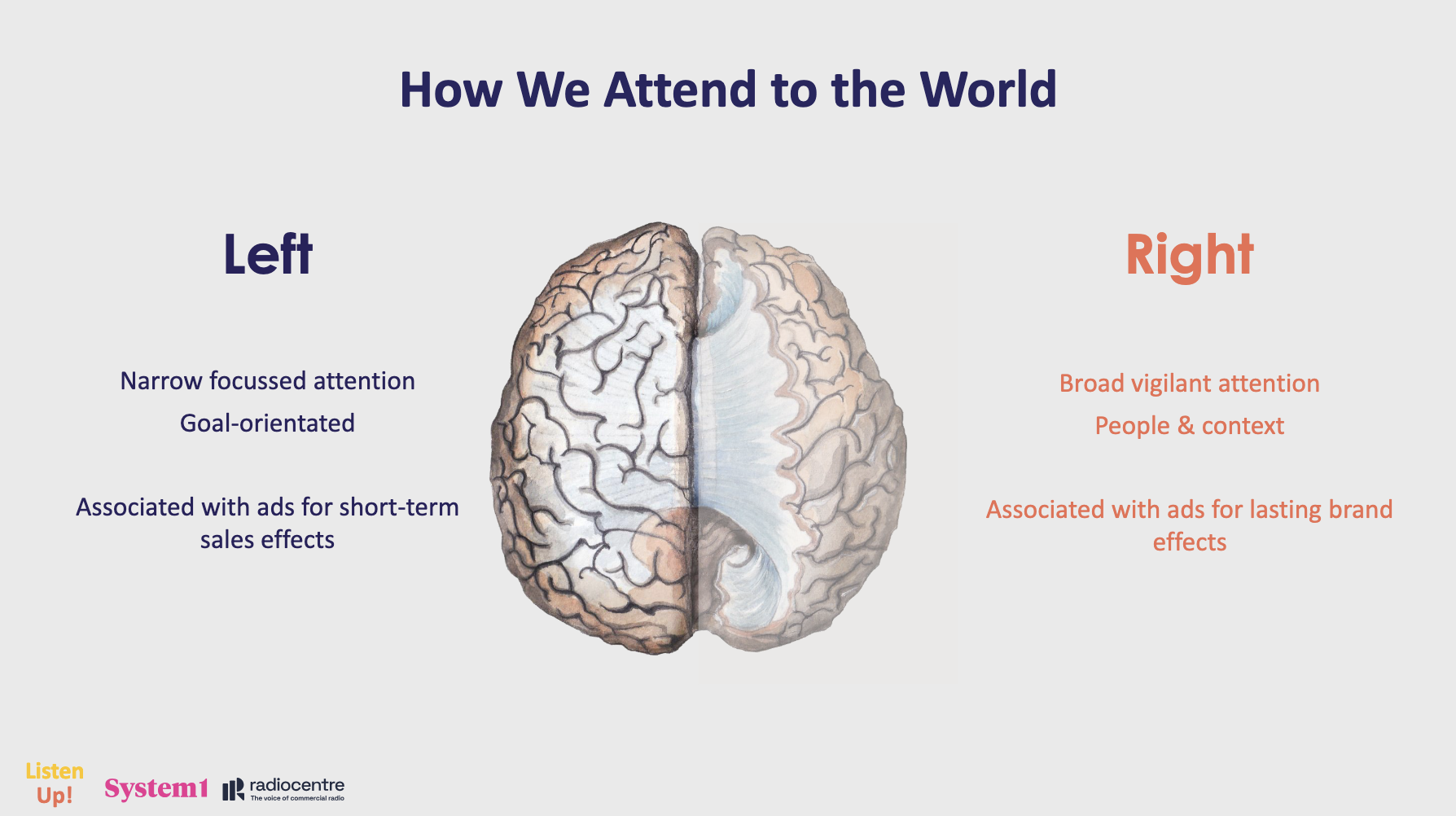 L'étude System1 et Radiocentre UK met en évidence les deux hémisphères du cerveau sollicités par la publicité audio. Le gauche est lié à une attention focalisée et à des effets à court terme. Le droit, en revanche, mobilise les émotions et favorise un impact de marque durable.