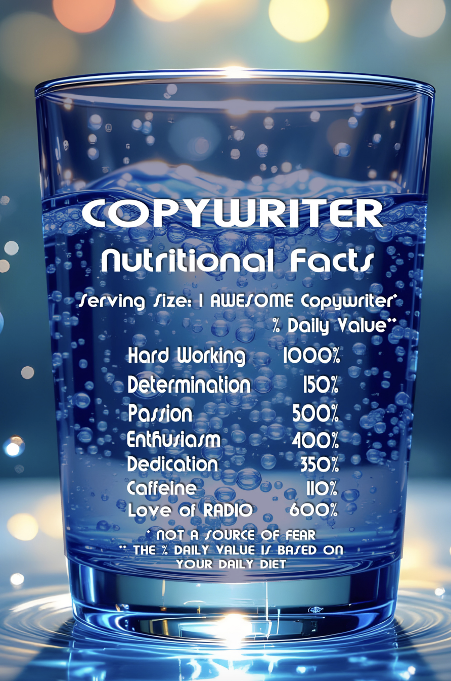 Cette illustration humoristique présente les "valeurs nutritionnelles" d’un copywriter radio. Une des nombreuses phrases à retrouver dans les 365 affirmations de l’e-book "You Got This" d’Earl Pilkington, publié par RadioCopywriters.com.