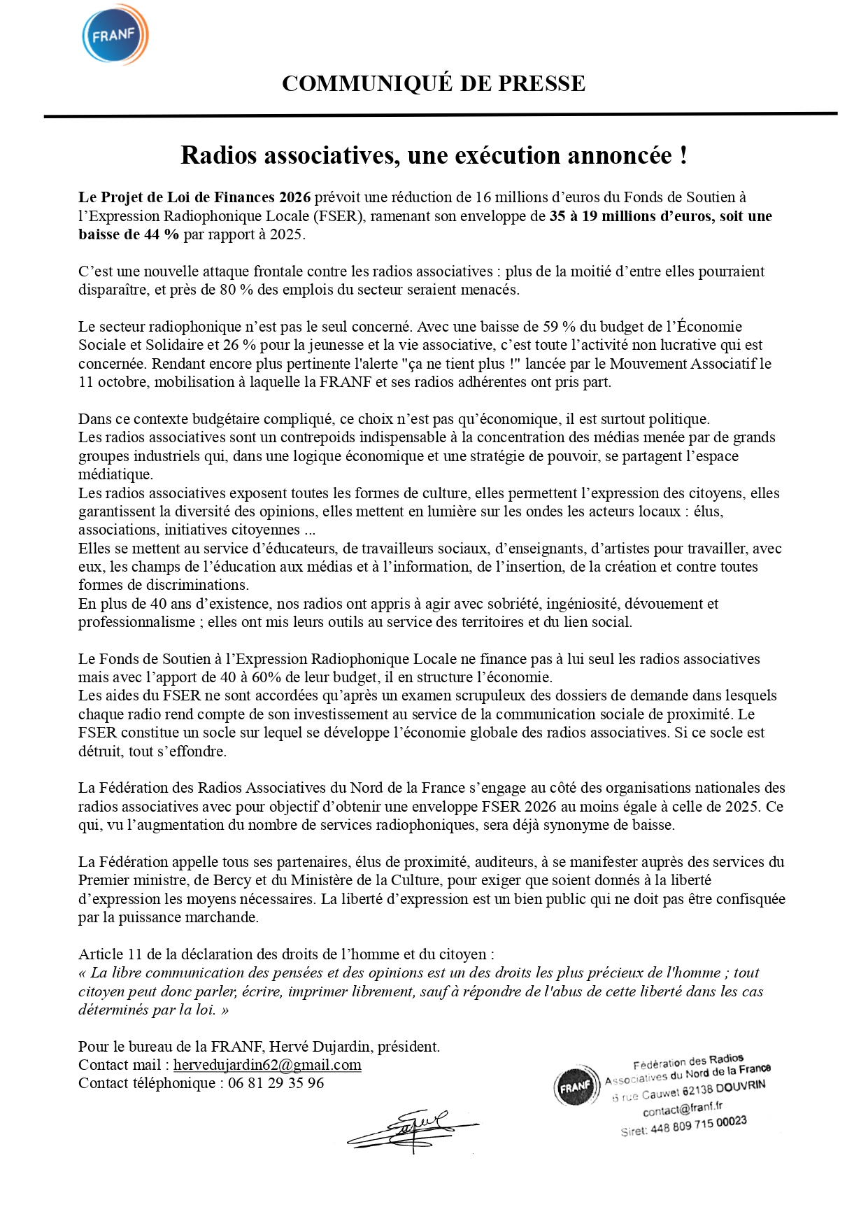 La FRANF dénonce une coupe budgétaire menaçant 80% des emplois du secteur