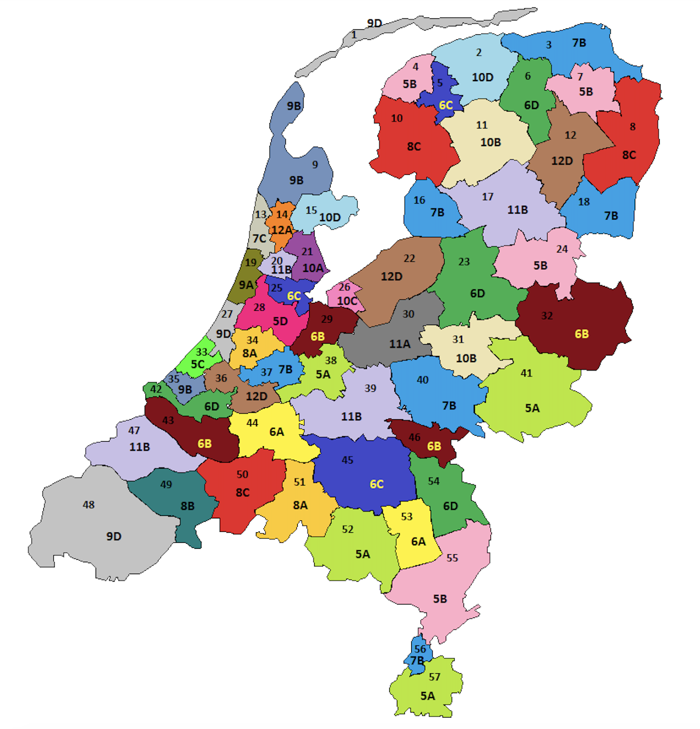 Chaque zone numérotée et colorée représente un allotissement correspondant à un espace de fréquence disponible pour l’attribution de licences locales à partir de ce 15 janvier 2026.