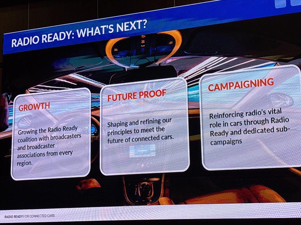 What's Next?" : les trois axes stratégiques de la coalition — Croissance (élargir la coalition), Future Proof (adapter les principes aux voitures connectées), Campaigning (renforcer le rôle de la radio en voiture).
