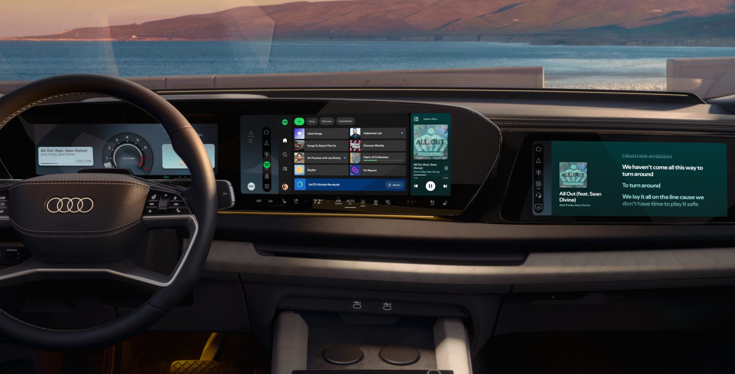 La nouvelle application native Spotify s'intègre directement au tableau de bord des véhicules Audi, avec accès à la musique, aux podcasts et aux commandes vocales sans smartphone connecté. Un écran secondaire permet aux passagers de consulter les paroles des chansons.  Source : Spotify